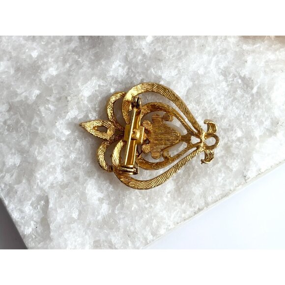Gold Toned Textured Abstract Art Nouveau Inspired & Pearl Vintage Brooch - Picture 4 of 9